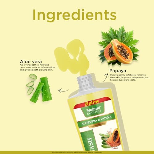 Image of Multani Naturals Aloe Vera & Papaya Face Wash 270ml | Ayurvedic Herbal Cleanser with Aloe Vera, Papaya | Hydrating, Nourishing & Skin Balancing Face Wash | SLS & Paraben Free, Dermatologically Tested | For Men & Women | Use For All Skin Types