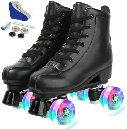 Jessie Leather Roller Skates - Adjustable Four-Wheel Premium Skates for Women, Men, Boys & Girls (Flash Wheel, Women's 8/ Men's 6.5)