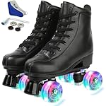 Jessie PU Leather Roller Skates for Women, Men, Boys and Girls - Adjustable Four-Wheel Premium Skates for Outdoor and Indoor Use (Flash Wheel, Women\'s 8.5/ Men\'s 7)