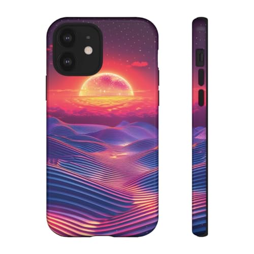 Coque iPhone 12 Vivid Sunset Waves rigide bleue protégeant contre les rayures