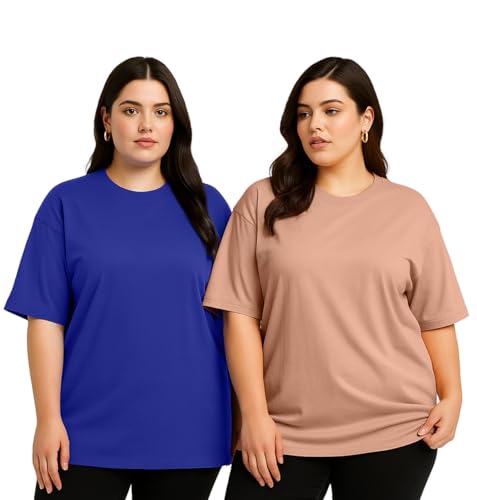Image of JUNEBERRY 100% Pure Cotton Oversized Baggy Fit Drop Shoulder Solid Core Plus Size T-Shirt Combo for Women (Pack of 2) (Sizes from: 2XL to 5XL)