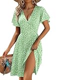 Zeagoo Sommerkleid Damen V-Ausschnitt Kurzarm Kleider Strand Blumenmuster Kleid mit Taschen Rüschen Ärmel Wickelkleid Grün Blümchen S