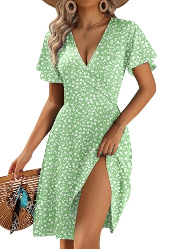 Zeagoo Women's Summer Dresses Short Sleeve V-Neck Dress Floral Wrap Sundress Ruffle Sleeve Mididress with Pockets Green Floral XL