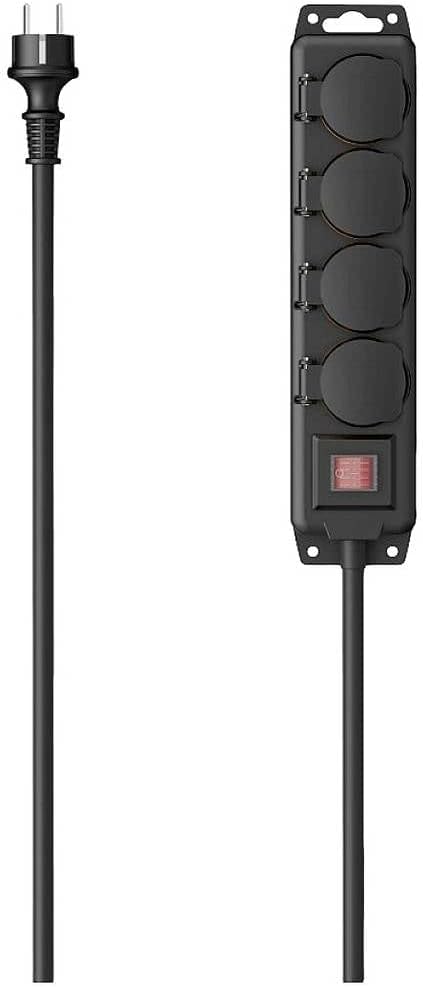 HAMA | 4 Outlet Power Strip (Outdoor Power Strip, 4 Outlets with On/Off Switch, 2 m Cable, Locking Cover to Prevent Water and Dust) Color Black
