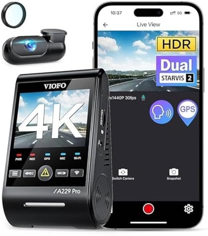VIOFO A229 Pro 4K HDR Dash Cam Front and Rear, Dual STARVIS 2 Sensors | 4K Front and 2K Rear, IMX678 & IMX675 sensors, 5GHz Wi-Fi, GPS, Voice Control, Buffered 24H Parking Mode, Night Vision 2.0