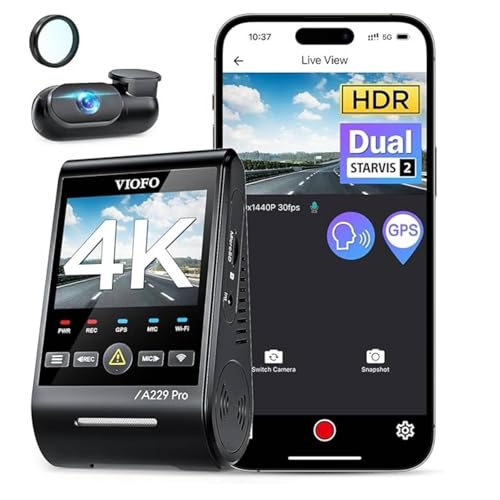 VIOFO A229 Pro 4K HDR Dash Cam, Dual STARVIS 2 IMX678 IMX675, 4K+2K Front and Rear Car Camera, 2 Channel with HDR, Voice Control, 5GHz WiFi GPS, Night Vision 2.0, 24H Parking Mode, Support 512GB Max