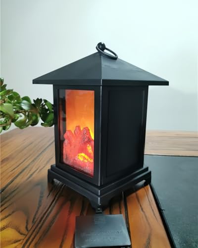 Image of Small Cozy Fireplace Lantern Traditional Realistic Log Wood Burning Flame Effect Ligh LED Charcoal Style Table LampFor Indoor & Outdoor Use