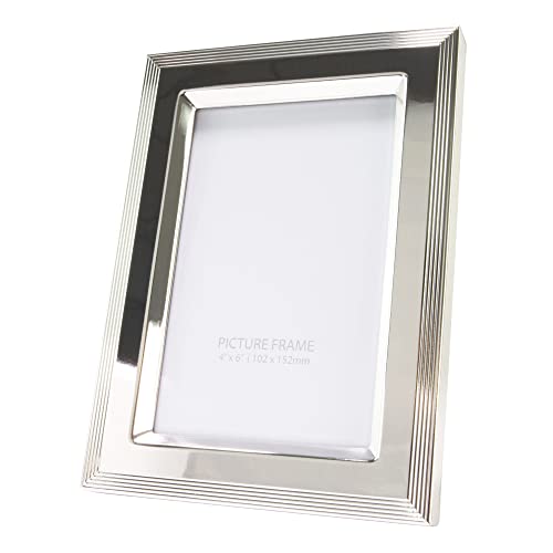 Happy Homewares Contemporary Shiny Silver Plated Steel Metal 4x6 Picture Frame with Bevelled Edges | Luxurious Black Velvet Backing | Portrait or Landscape