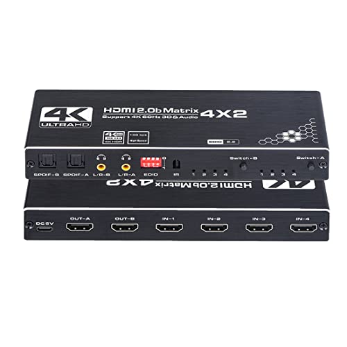 4K HDMI Matrix Switch, 4x2 HDMI Matrix Switcher Splitter 4 in 2 Out with EDID Extractor and IR Remote Control, Support 4K HDR, HDMI 2.0b, HDCP 2.2 4K@60Hz, 3D, 1080P