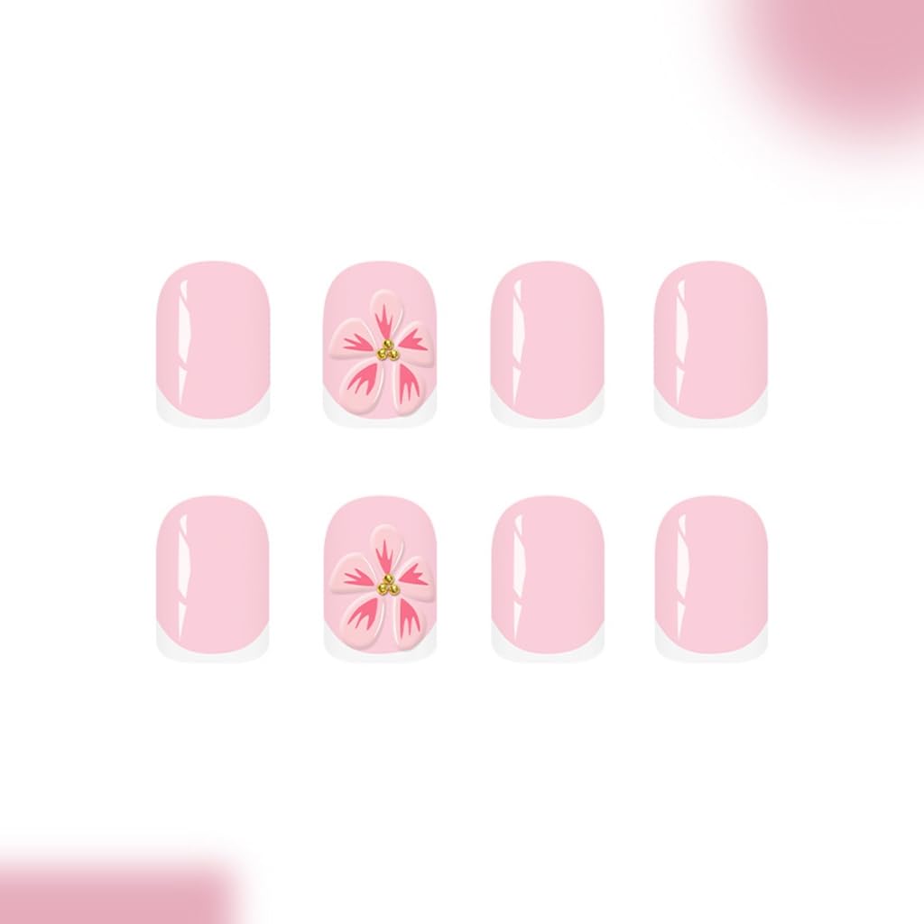 Reusable Fake Nails With Flower Accents French Tip Pink Quick Application Comfortab