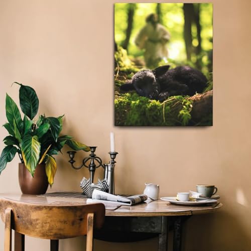 Image of Jesus and Lamb Canvas Wall Art Jesus Runs for the Lost Sheep In Summer Forest Picture Wall Art Canvas Print Christian Home Decor 12x16 inch