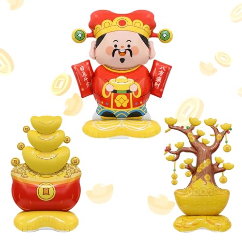 3pcs Giant Standing Gold Coin Tree Balloon for Chinses Lunar Year Decoration, Happy 2026 New Year Spring Festival Décor, New Year's Eve Home Outdoor Decoration God of Wealth Balloon