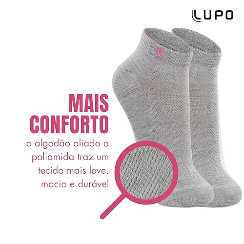 LUPO Kit 9 Meia Cano Baixo Curto Esportiva Algodão Punho Soft Feminina Adulto, 3 Brancas - 3 Cinzas