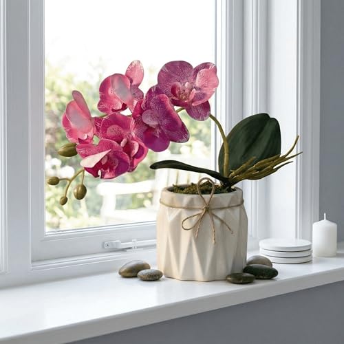 Image of Dekorly Artificial Lavender Plant in White Pot, 18cm - Realistic Faux Flower Arrangement for Home & Office Decor (Set of 1) (1, Pink Orchid)