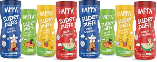 Image of Happa Organic Baby Puffs | Vanilla Blueberry and Caroot Beetroot and Strawberry Banana and Apple Cinnamon Flavour | Made with Organic Ingredients | Melt-in-the-Mouth, Supports Self-Feeding & Baby-Led Weaning | No Artificial Flavours or Colours | Stage 2 (8 Months+) | Pack of 8 (40g Each)
