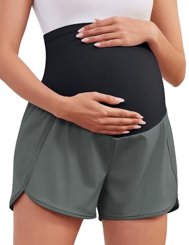 Image of PACBREEZE Women's Maternity Shorts Over Belly Quick Dry Workout Athletic Running Shorts with Zipper Pockets