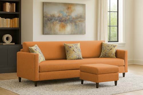 Image of Casaliving Premium Lifestyle Fabric 5 Seater L Shape Sofa Set 4 Seater Modern Sofa Set & Ottoman for Living Room (Orange Color)