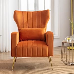 Velvet Accent Armchair for Living Room and Bedroom Comfy Reading Lounge Chair with Modern Wingback and Gold Legs on Side Corner, Orange Velvet Accent Armchair for Living Room and Bedroom Comfy Reading Lounge Chair with Modern Wingback and Gold Legs on Side Corner Orange