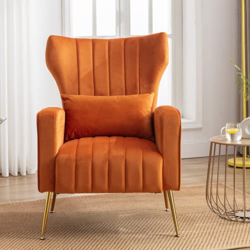 Velvet-Accent-Armchair-for-Living-Room-and-Bedroom-Comfy-Reading-Lounge-Chair-with-Modern-Wingback-and-Gold-Legs-on-Side-Corner-Orange Velvet Accent Armchair for Living Room and Bedroom Comfy Reading Lounge Chair with Modern Wingback and Gold Legs on Side Corner Orange