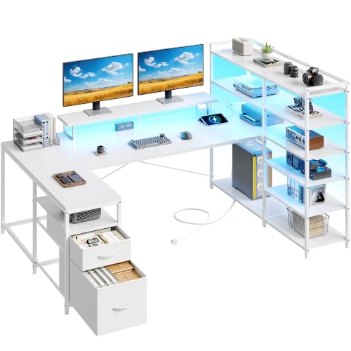 Klyvvo Scrivania Angolare con LED, 160x100cm Grande Scrivania Angolare Reversibile con Cassetti, con Presa di Corrente, Libreria, Supporto per Monitor, Scrivania Gaming per Casa Ufficio, Bianco