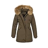 Elara Damen Winterjacke Echt Fell Mantel Chunkyrayan 6015 Khaki 42/XL