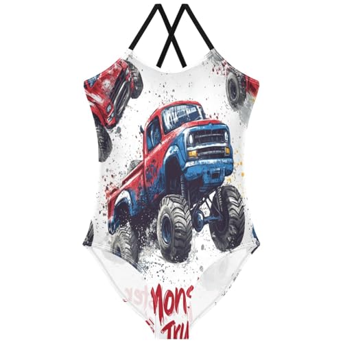 Pigsaly Girls One Piece Swimsuits Grunge Red Blue Monster Trucks Kids Cross Back Swimwear Beach Sport Bathing Suit 3T