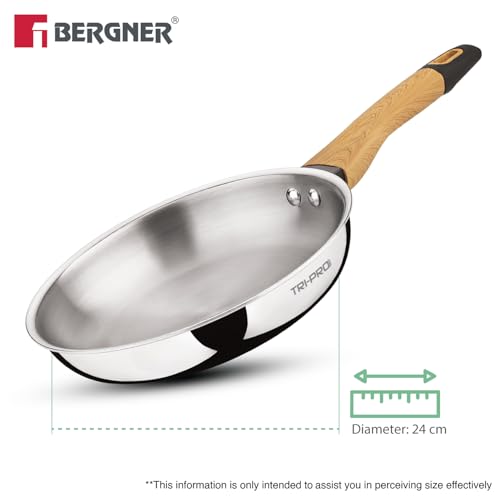 Image of TriPro Triply Stainless Steel 24cm Frypan with Wooden Soft Touch Handle, Triply Frying Pan for Cooking, Consumes Less Oil, Healthy Cooking, Even and Faster Heating - Induction and Gas Stove Ready