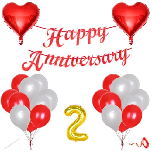 Image of Flyloons 2nd Happy Anniversary Decoration Items Red White for Men Women Husband Wife Mom Dad Parent Couple Home Bedroom Car With 20 Pcs Metallic Balloons Anniversary Banner 2 Pcs Heart Set Kit