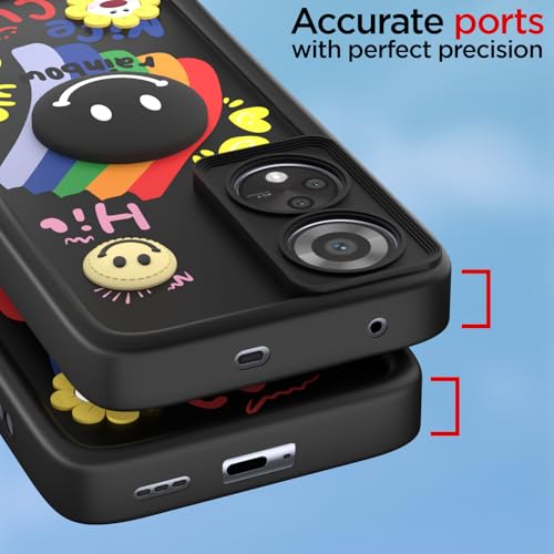 Image of Pikkme Back Cover for Oppo Reno 8T | Soft Silicone| Cute Rainbow Smile & 3D Cartoon Flower Design | Shockproof Raised Camera Protection Bumper Case (Black)