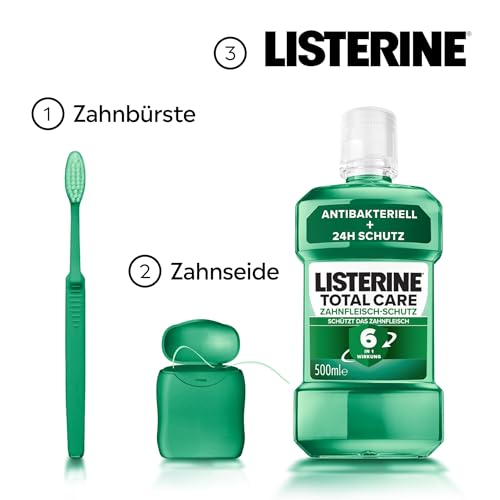 LISTERINE Total Care Zahnfleisch-Schutz 500 ml, schützende Mundspülung gegen Zahnfleischprobleme mit 6 in 1 Wirkung, antibakterielles Mundwasser stärkt die Zähne, bis zu 24h frischer Atem