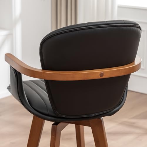 Image of LUNLING 30 inch Bar Height Stools Set of 2,Mid Century Modern Bar Stools,Black PU Leather Kitchen Island Stools,Wood High Barstools Swivel with Back and Arms for Home Bar Furniture