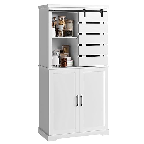 Tall Kitchen Pantry, Large Wood Storage Cabinet with Sliding Barn Door and Adjustable Shelves, Tall Freestanding Cupboard for Dining Room, Living Room, Laundry, White