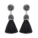 Women's Dangle Drop Short Tassel Earrings with Shell Pearl Black Rhinestone Top