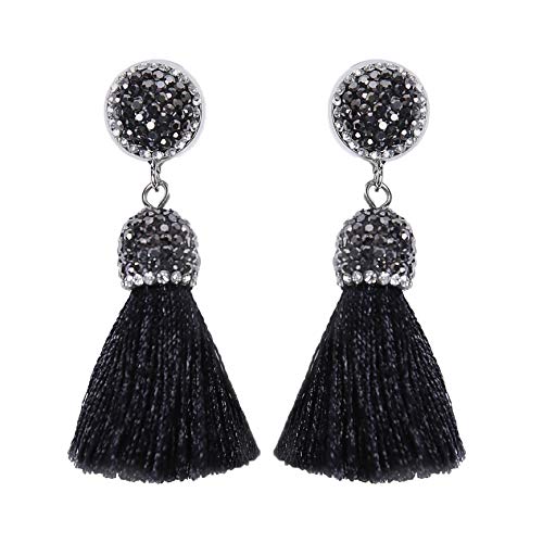 Women's Dangle Drop Short Tassel Earrings with Shell Pearl Black Rhinestone Top