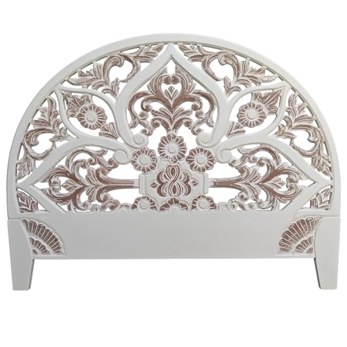 SMARTCAREWOOD Hand Carved Half Moon Bed Headboard White Wash Flower