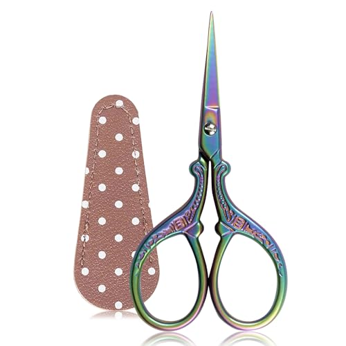 BIHRTC Tijeras de bordado pequeñas de 3.6 pulgadas, tijeras de hilo con diseño de grúa vintage, tijeras de punta afilada de acero inoxidable con cubierta de tijeras de cuero para costura,