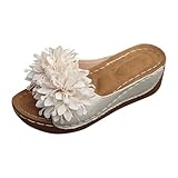 Zapatillas de estar por casa para mujer, de verano, abiertas, de piel, elegantes, con cuña, plataforma, para el tiempo libre, cómodas, resistentes al desgaste, resistentes al desgaste, beige, 37 EU