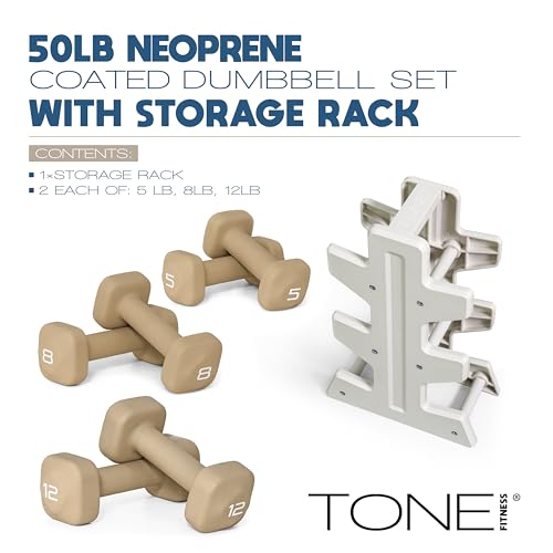Tone Fitness 50 LB Neoprene Dumbbell Set with Storage Rack – Non-Slip, Anti-Roll Hand Weights for Home Gym Workouts - Beige