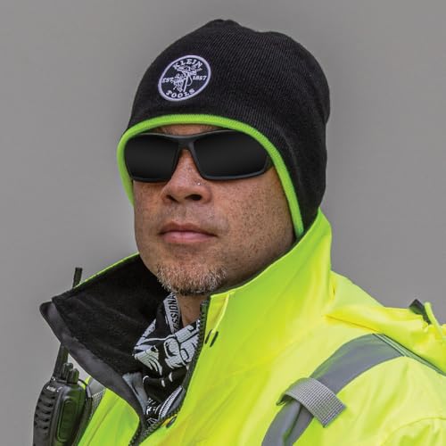 Klein Tools 60391 Knit Beanie, Thermal Fleece Winter Hat, Windproof, Fits under Helmets, Black with High-Visibility Yellow Band Trim3