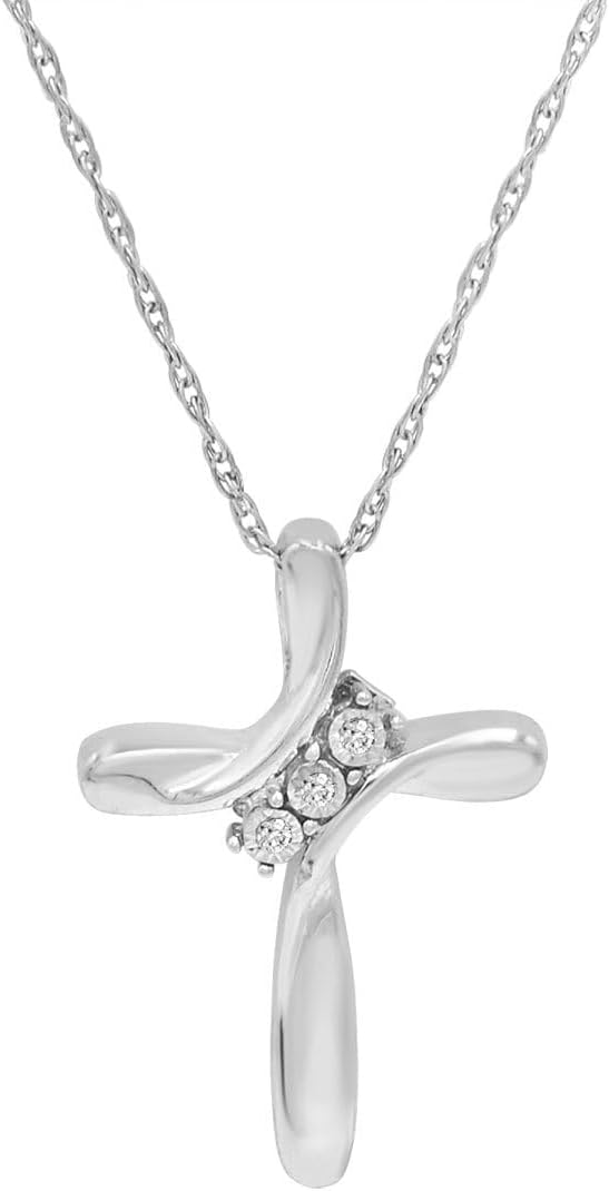Amanda Rose Collection Three Stone Diamond Cross Pendant Necklace for Women in Sterling Silver on an 18 inch Sterling Silver Chain | Real Diamond Necklaces for Women