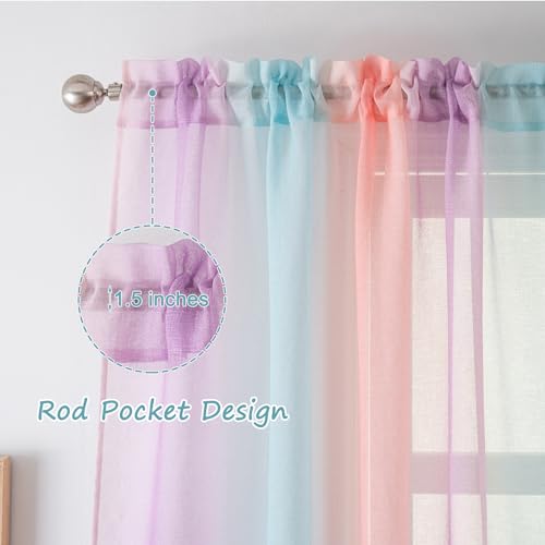 Yancorp Sheer Curtain 2 Panels Semi Bedroom Curtains 63 inches Length Linen Rainbow Ombre Curtains Rod Pocket Drapes Girls Living Room Mermaid Bedroom Nursery Kids Window Decor(Rainbow, 52"x63") by Yancorp - Image 3