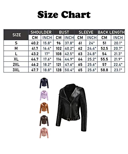 NJNJGO Jaqueta feminina de couro PU com zíper e lapela com cinto para motociclista, rosa, M