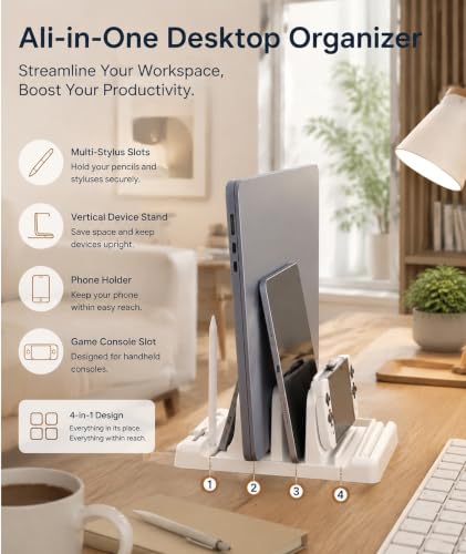 Image of Vertical Laptop Stand, Space Saving Design for Desk Organization, Dual Slot Laptop Holder for Laptop and Tablet, Compact Vertical Stand for Home Office and Dorm Rooms, White Color