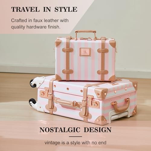 Image of UNIWALKER Vintage Suitcase Set, 3 Piece Retro Spinner Trunk, TSA-Approved Travel Luggage with Cosmetic Train Case for Women, Pink Strip, 26 inch+20 inch+12 inch