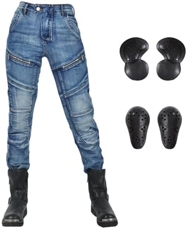 LOMENG Motorcycle Riding Pants Slim Stretch Motorbike Racing Jeans All Season with CE Knee Hip Removable Armored for Women Blue size28