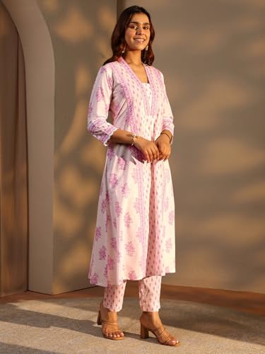 Image of Libas Printed Cotton A Line Kurta With Trouser and Dupatta | daily wear suit