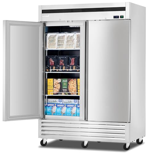BODEGA 54 W Commercial Freezer Upright 2 Door Stainless Steel Reach-in Display Freezer with 42 Cu.Ft Large Capacity -10-10 Temperature Range Auto Defrost for Restaurant Bar Shop etc