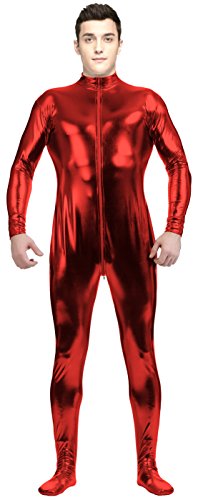 VSVO Adult Red Shiny Metallic Front Zipper Unitard Bodysuit Costume (X-Large, Red)