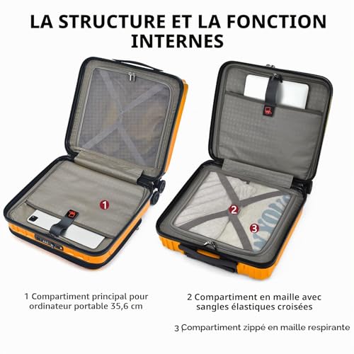 TydeCkare Bagage Cabine 16" vec 2 Compartiments pour Ordinateur Portable, Valise ABS + PC avec TSA à Double Contrôle, YKK, 4 roulettes, Affaires, Orange – vue 5