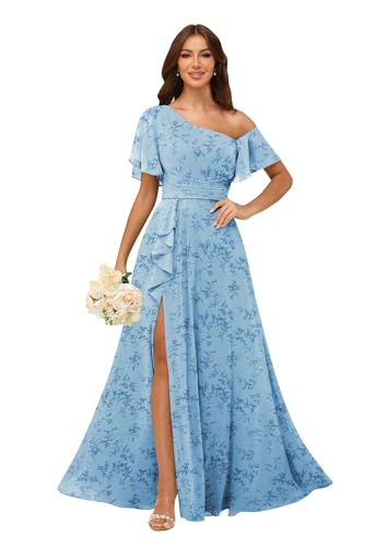 Floral Blue Bridesmaid Dresses with Pockes Chiffon Ruffle Floral Pleated Formal Evening Gowns with Sleeves Floral Blue Size 12